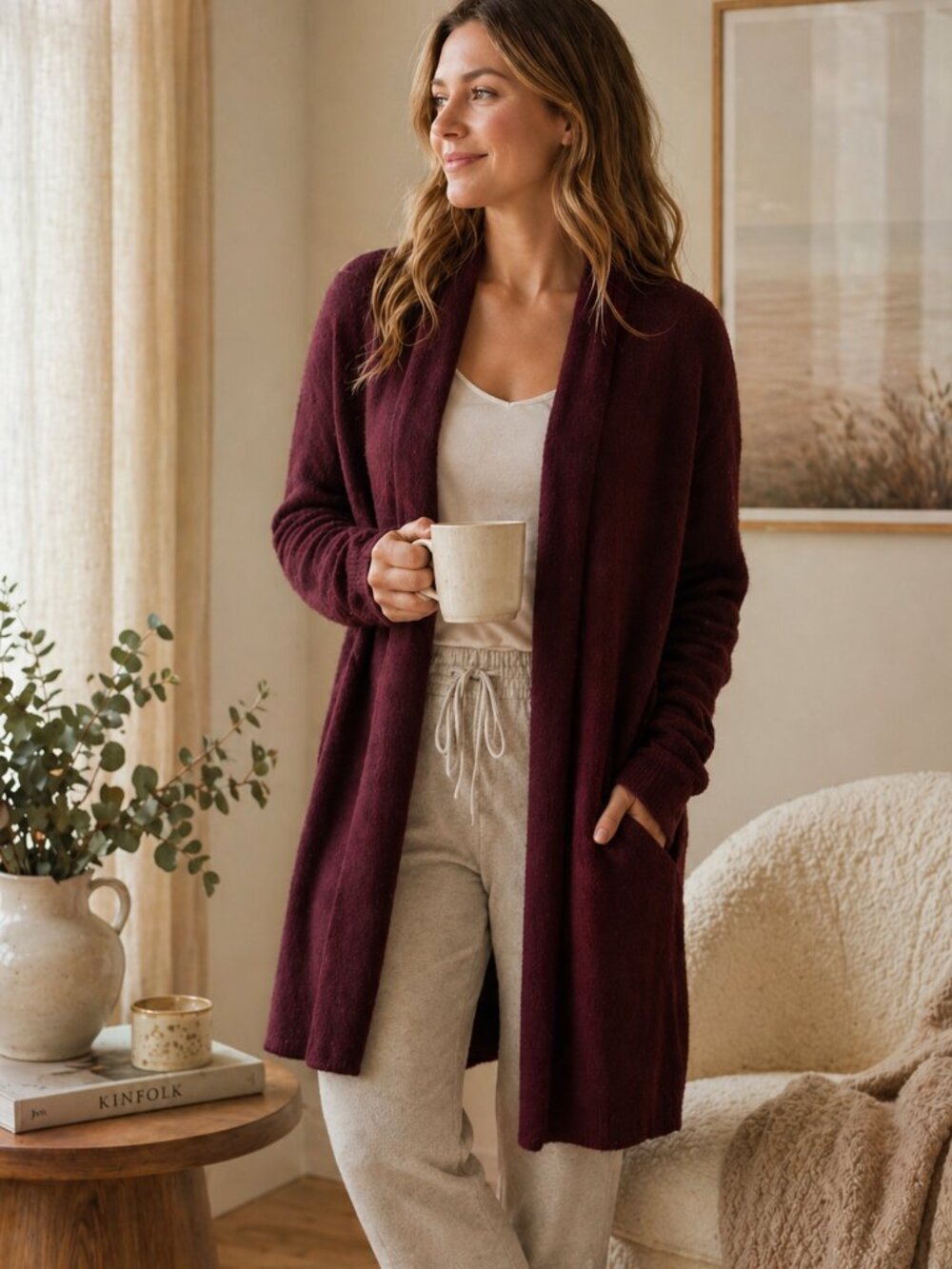Barefoot Dreams CozyChic Lite Catalina Long Cardigan‎ Garnet Burgundy L NWT Soft